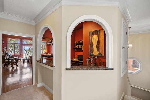 interior space with carpet floors and ornamental molding