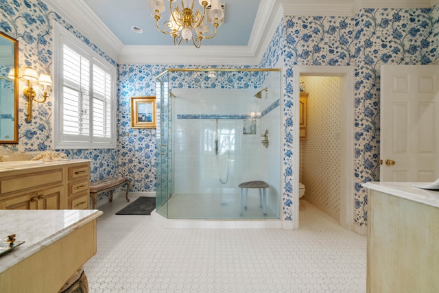 full bathroom featuring a stall shower, crown molding, and wallpapered walls