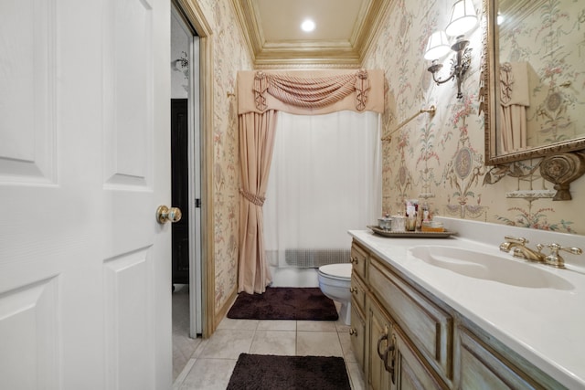 bathroom featuring toilet, vanity, ornamental molding, tile patterned floors, and wallpapered walls