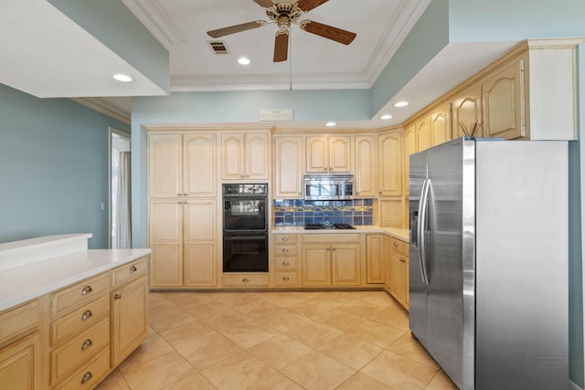 kitchen with light countertops, visible vents, light brown cabinetry, appliances with stainless steel finishes, and ornamental molding