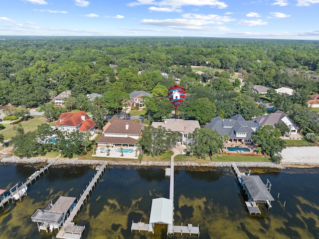 birds eye view of property with a water view and a forest view