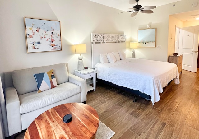 bedroom featuring ceiling fan and hardwood / wood-style flooring