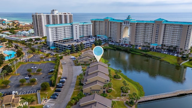 bird's eye view with a water view