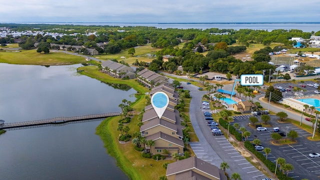 bird's eye view with a water view