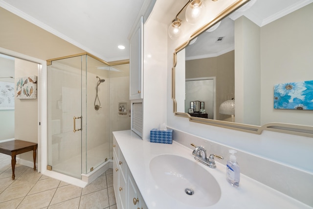 bathroom featuring ornamental molding, vanity, tile patterned flooring, and an enclosed shower