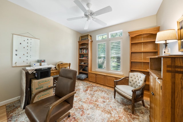 living area featuring light hardwood / wood-style flooring and ceiling fan