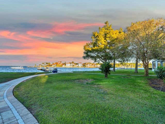 view of property's community featuring a yard and a water view