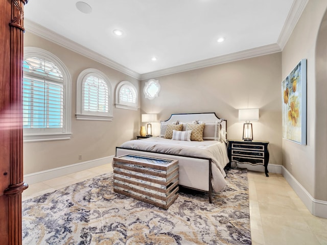 bedroom featuring ornamental molding and light tile patterned flooring