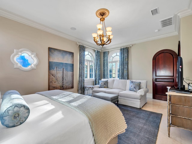 bedroom with crown molding and a chandelier