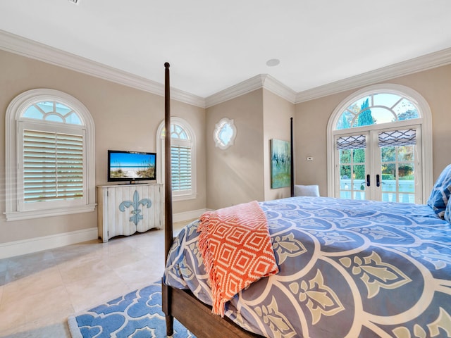 tiled bedroom featuring access to exterior, french doors, and ornamental molding