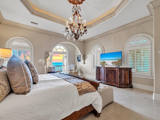 bedroom with a chandelier, multiple windows, and crown molding