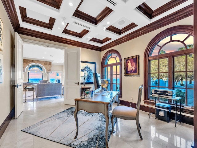 home office with french doors, coffered ceiling, crown molding, and beam ceiling