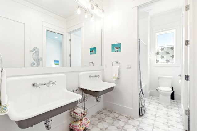 bathroom featuring toilet, ornamental molding, and sink