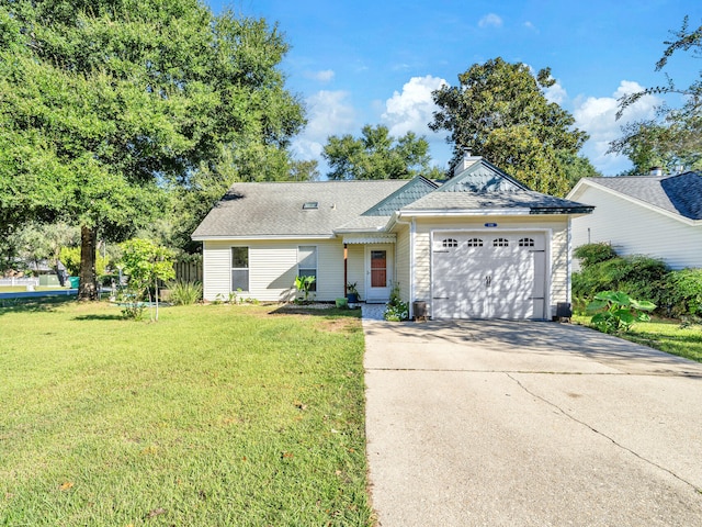 ranch-style house featuring a garage, driveway, a front lawn, and roof with shingles