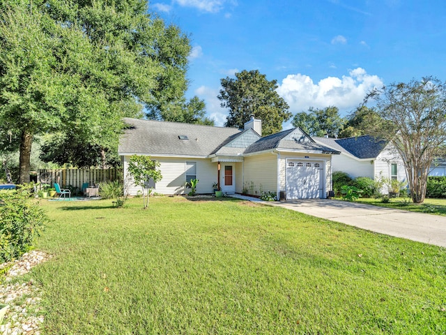 ranch-style house with a front yard and a garage