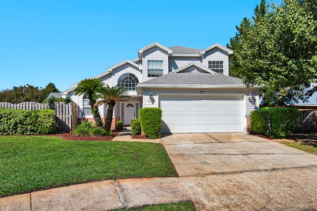 front facade with a garage and a front lawn