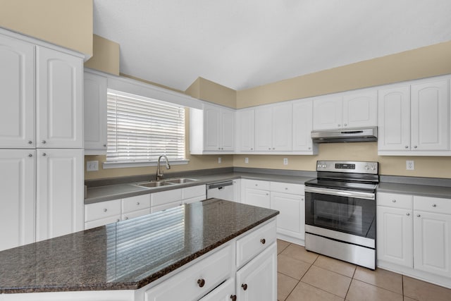 kitchen featuring stainless steel range with electric stovetop, sink, and white cabinets