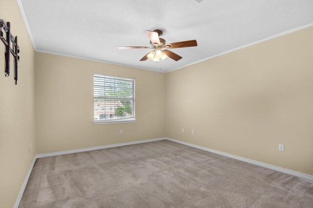 880 Brande Ct, Shalimar, FL 32579 - empty room featuring carpet floors, a ceiling fan, crown molding, baseboards, and a textured ceiling