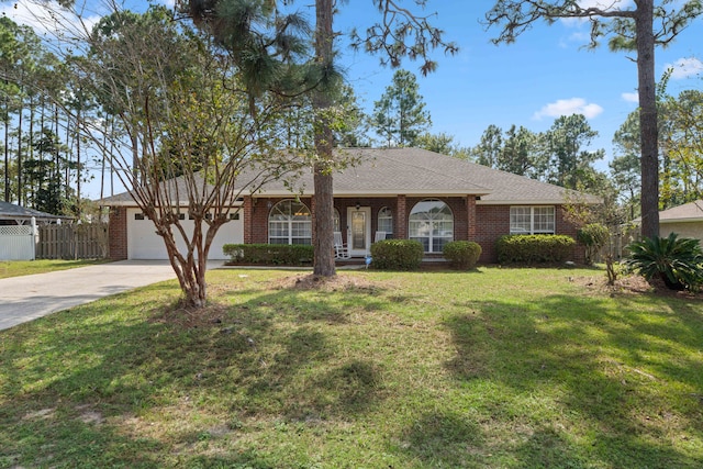 single story home featuring a front yard and a garage