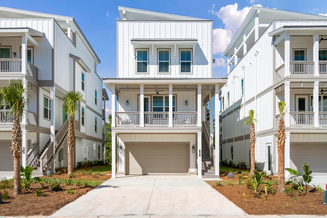 coastal home with a balcony and a garage