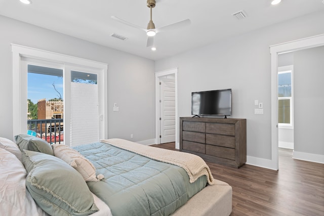 bedroom featuring ceiling fan, access to outside, and dark hardwood / wood-style flooring