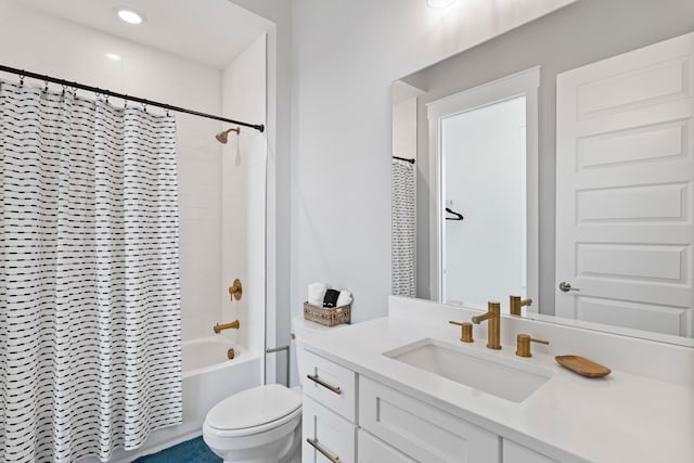 full bathroom with vanity, toilet, and shower / bathtub combination with curtain