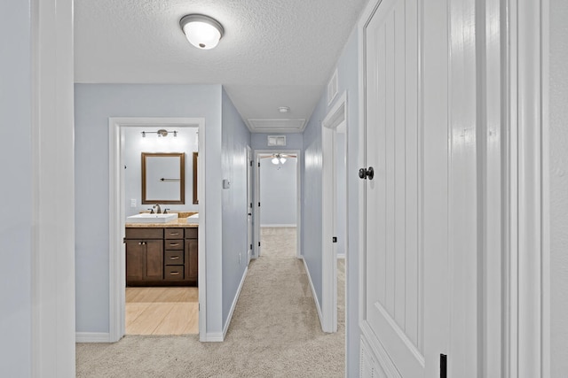 hall with light carpet, a textured ceiling, and sink