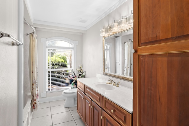 full bathroom with vanity, crown molding, shower / bathtub combination with curtain, tile patterned flooring, and toilet