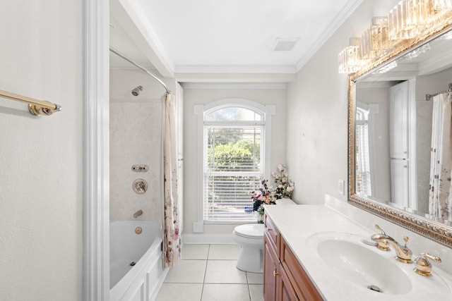 full bathroom with tile patterned floors, crown molding, toilet, shower / bath combo with shower curtain, and vanity