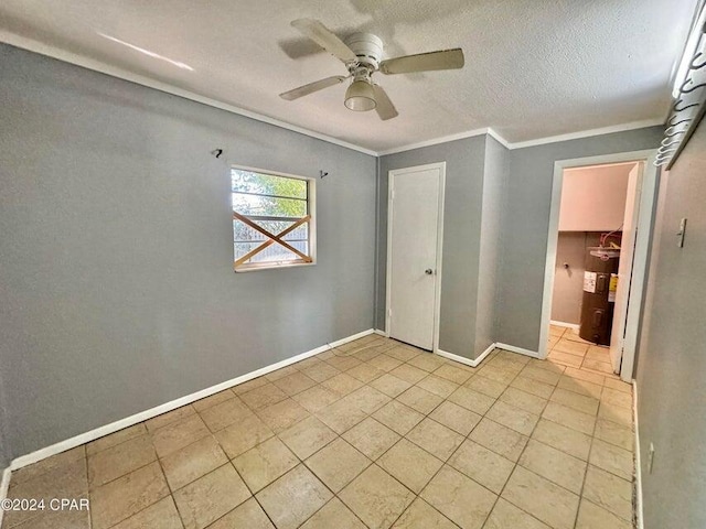 260 Seneca Ave, Panama City, FL 32404 - unfurnished bedroom with water heater, light tile patterned floors, crown molding, ceiling fan, and baseboards