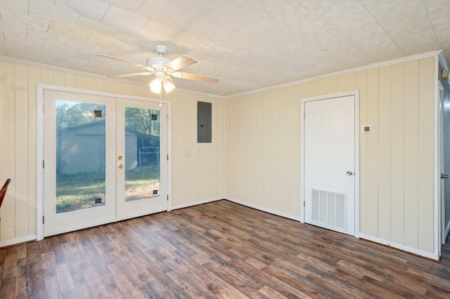 unfurnished room featuring electric panel, french doors, dark hardwood / wood-style floors, and crown molding