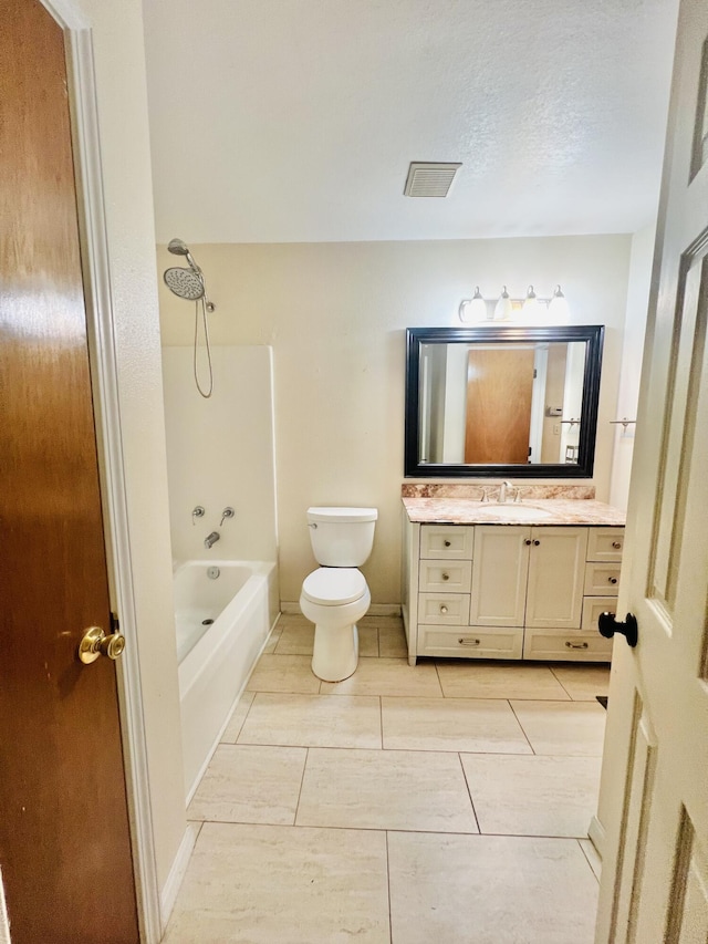 full bath with toilet, visible vents, bathing tub / shower combination, and vanity