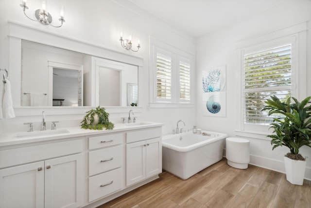 bathroom featuring a soaking tub, double vanity, a sink, and wood finished floors