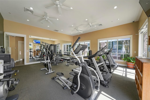 workout area with ceiling fan