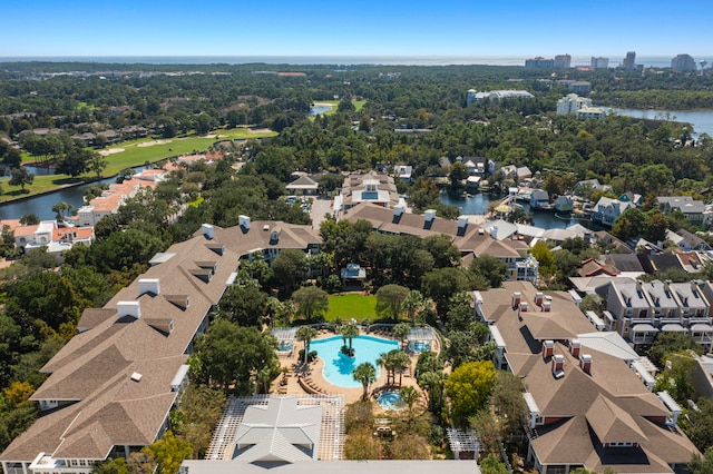 drone / aerial view with a water view