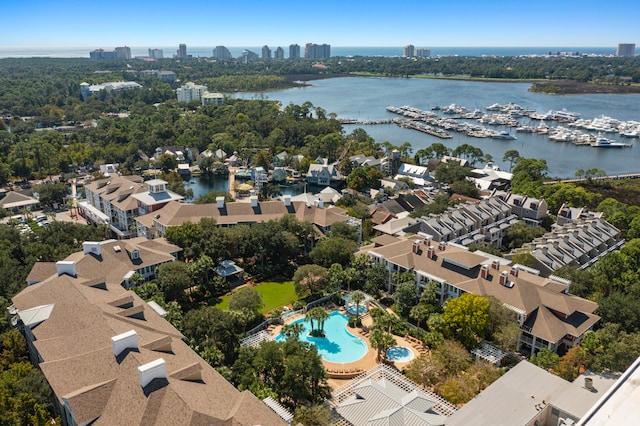 bird's eye view with a water view