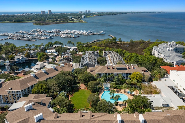 birds eye view of property featuring a water view