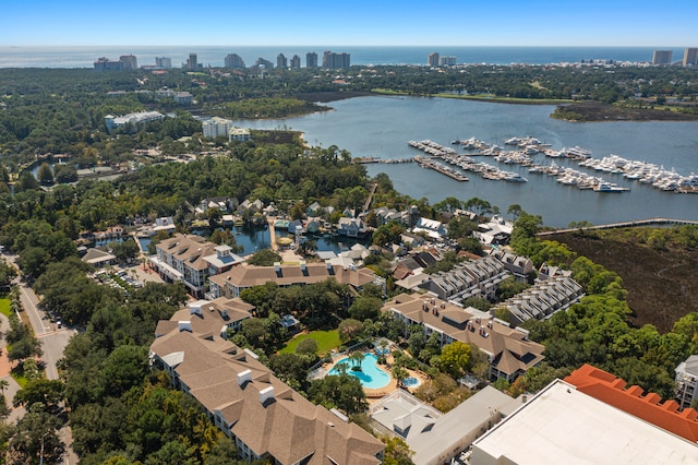 aerial view featuring a water view