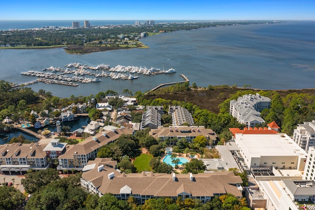 birds eye view of property featuring a water view