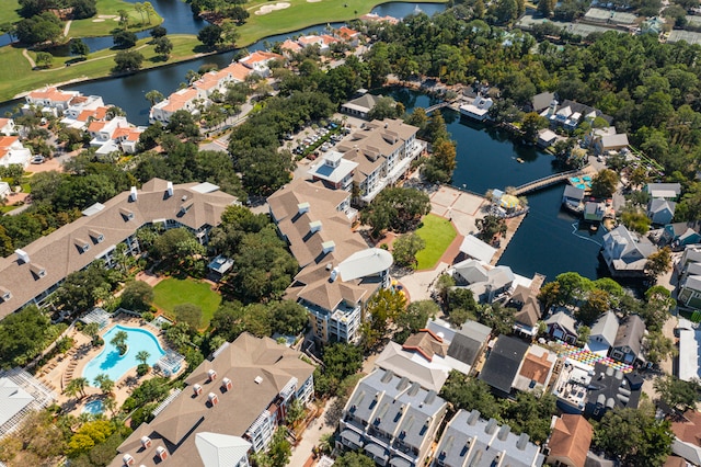 birds eye view of property featuring a water view