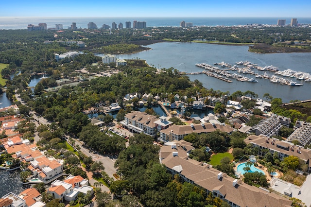 bird's eye view with a water view