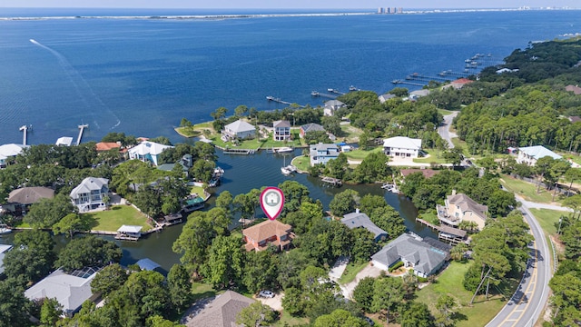 aerial view featuring a water view