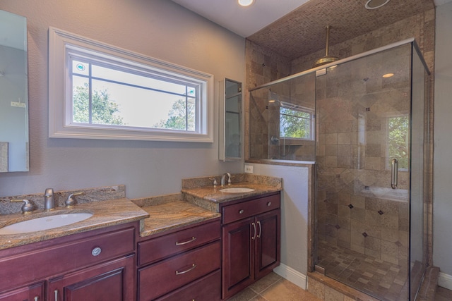 bathroom featuring vanity, a shower with door, and a healthy amount of sunlight