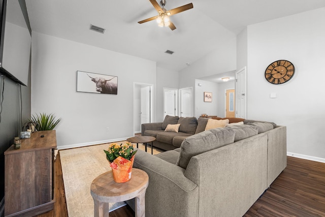 living room with high vaulted ceiling, ceiling fan, and dark hardwood / wood-style floors