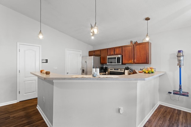 kitchen featuring pendant lighting, stainless steel appliances, dark hardwood / wood-style floors, and vaulted ceiling