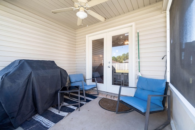 view of patio with a grill, french doors, and ceiling fan