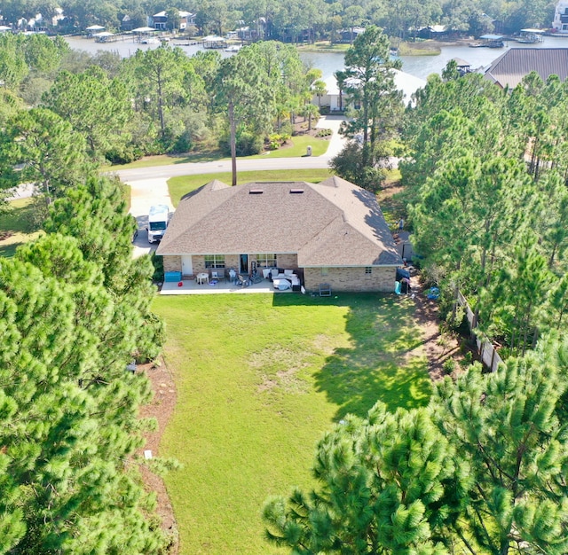 aerial view featuring a water view