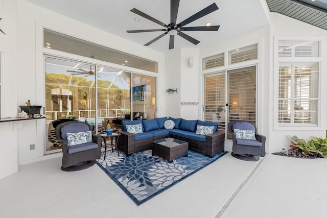 view of patio with a ceiling fan and outdoor lounge area