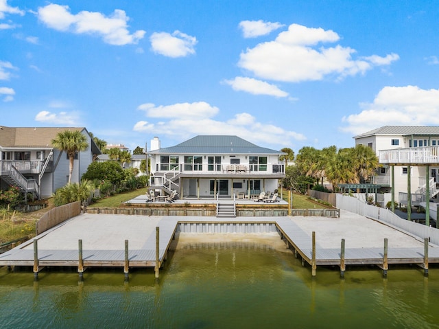 view of dock with a water view and a balcony