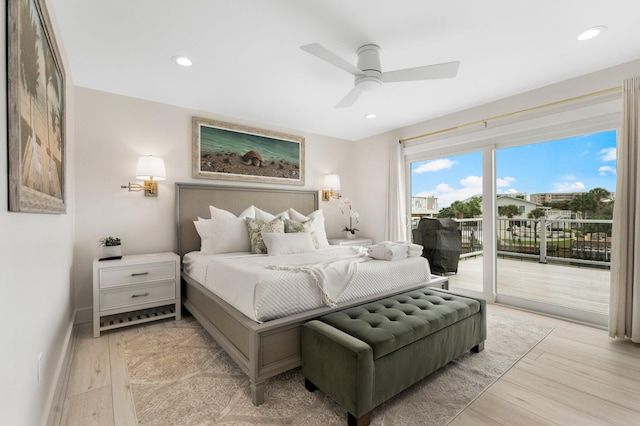 bedroom featuring access to exterior, ceiling fan, and light hardwood / wood-style flooring